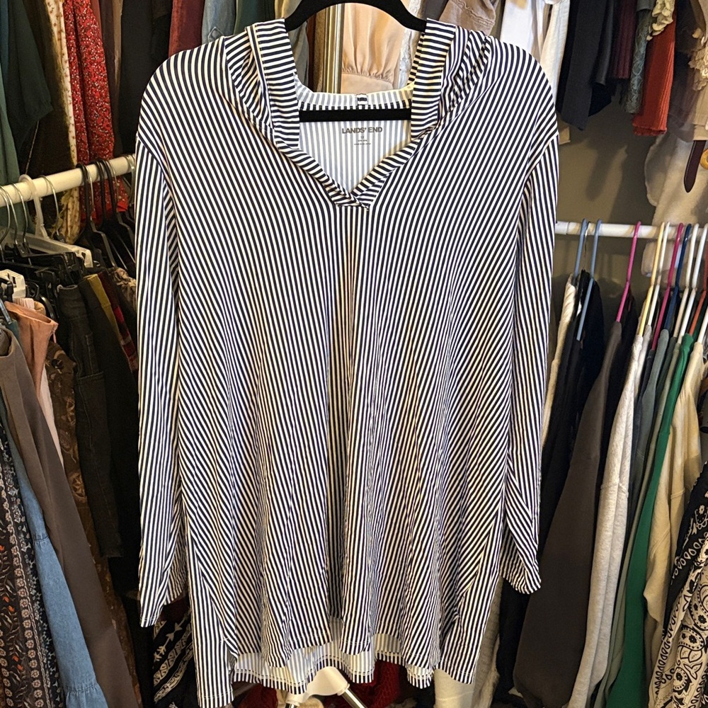 Lands' End Black and White Striped Hooded Tunic